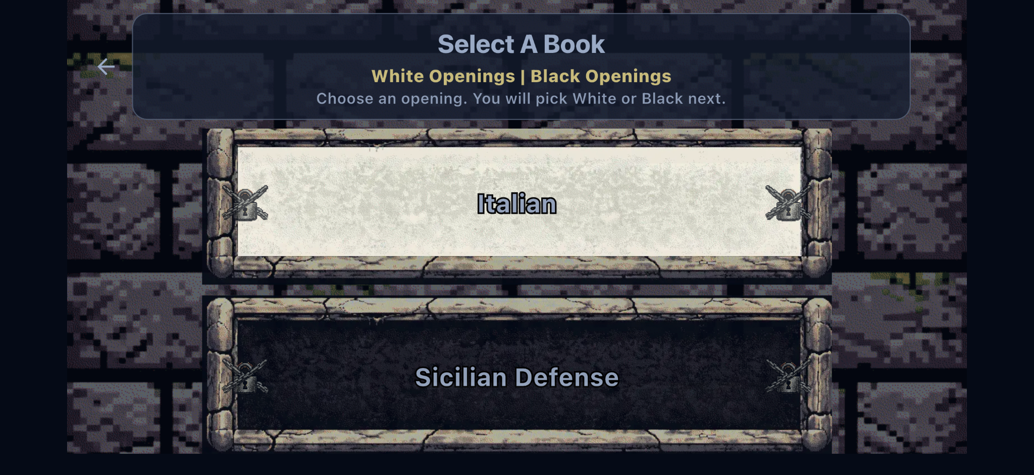 Chessferatu opening selection screen showing White Openings and Black Openings