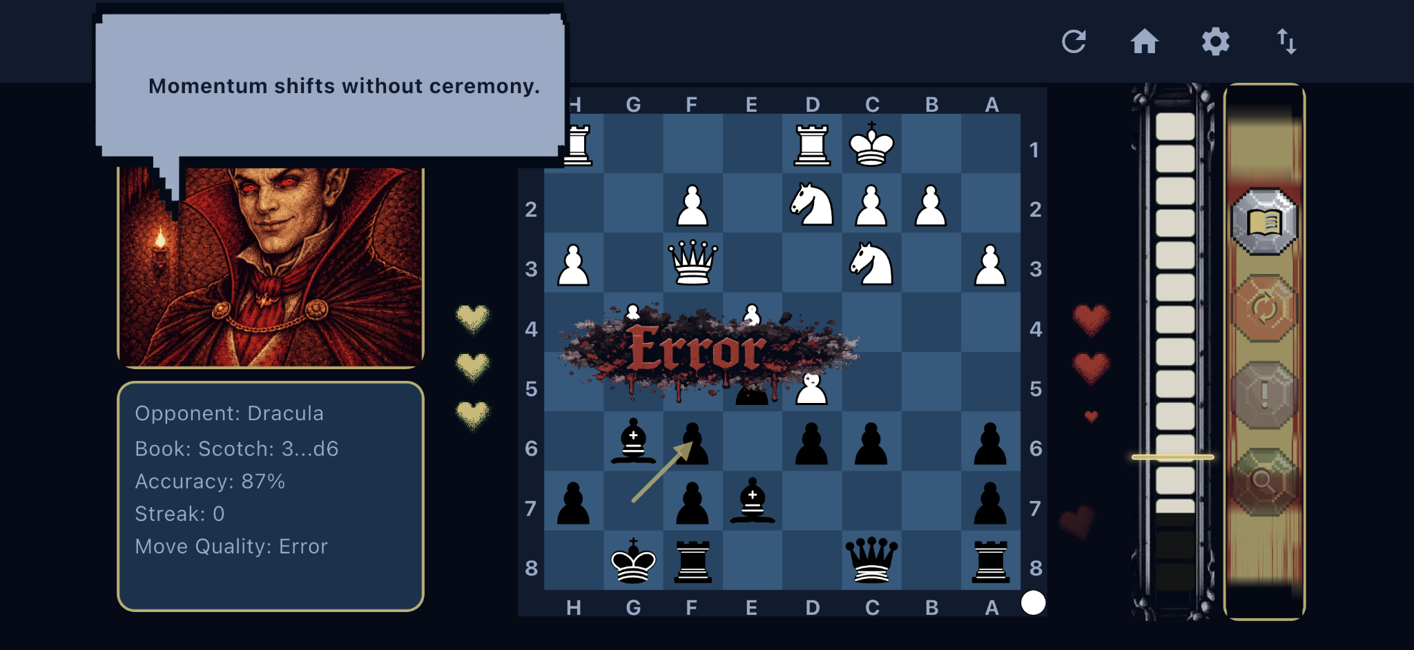 Chessferatu widescreen screenshot showing an Error move evaluation
