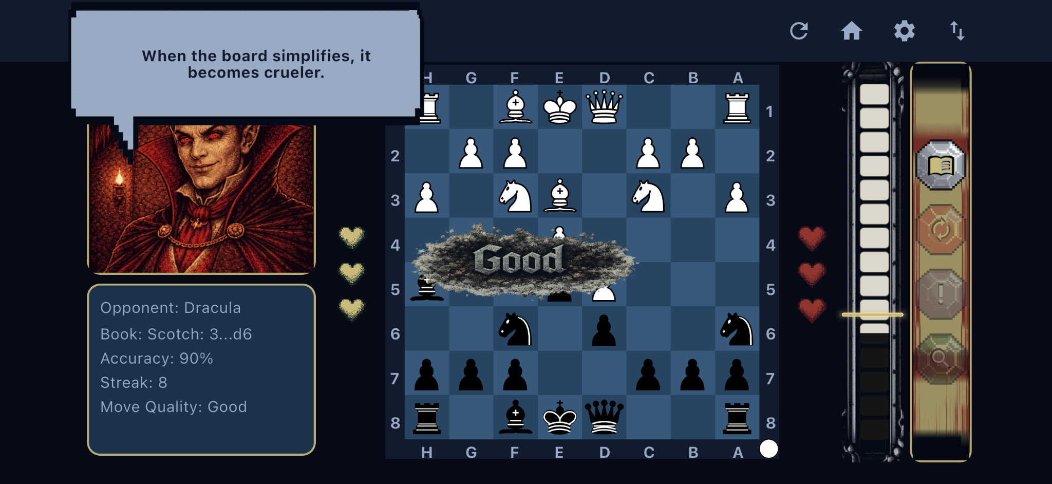 Chessferatu gameplay screenshot showing live move evaluation in a gothic chess battle
