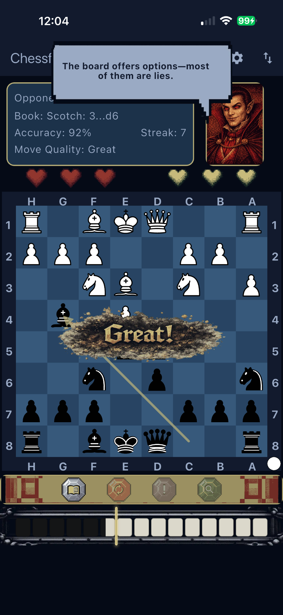 Chessferatu phone screenshot showing a Great move evaluation