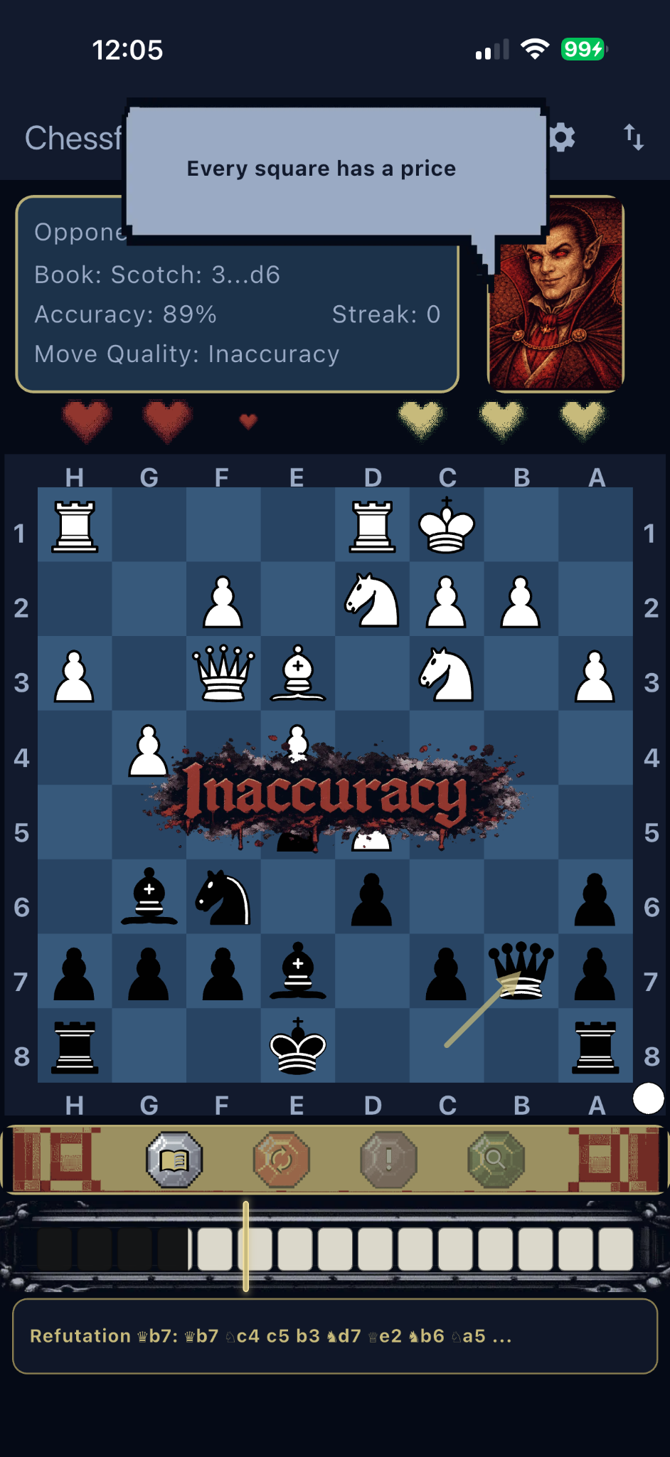 Chessferatu phone screenshot showing an Inaccuracy evaluation and life loss