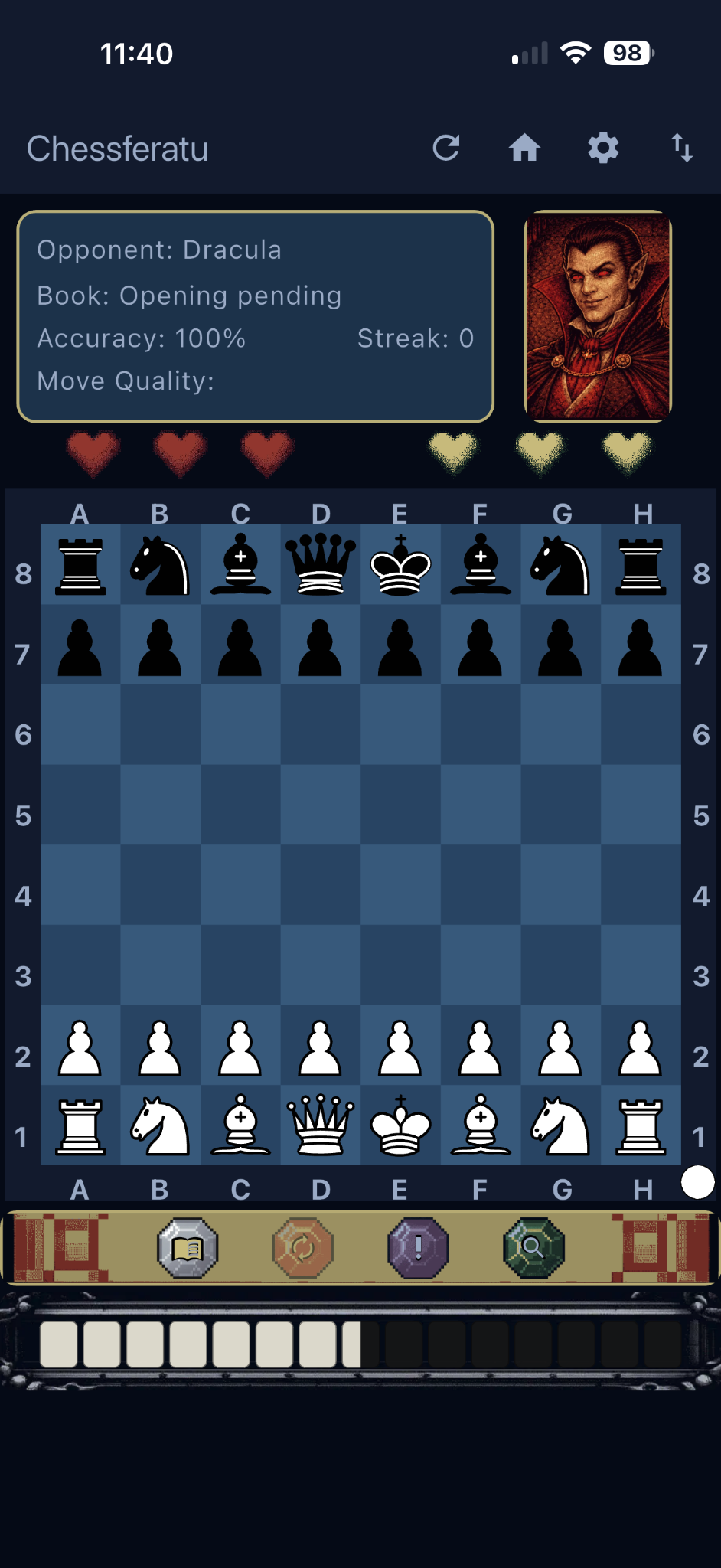 Chessferatu phone screenshot showing a battle against Dracula at game start